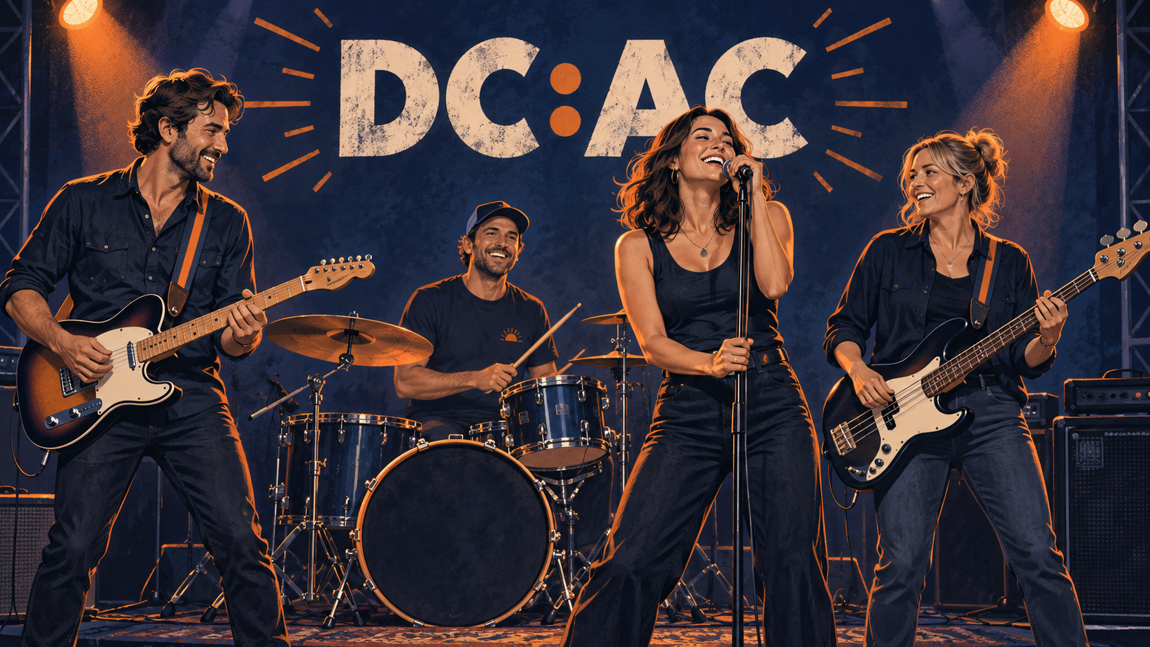 DC:AC band concept illustration with four musicians: a guitarist, drummer, vocalist and bass player on a navy-and-orange stage.