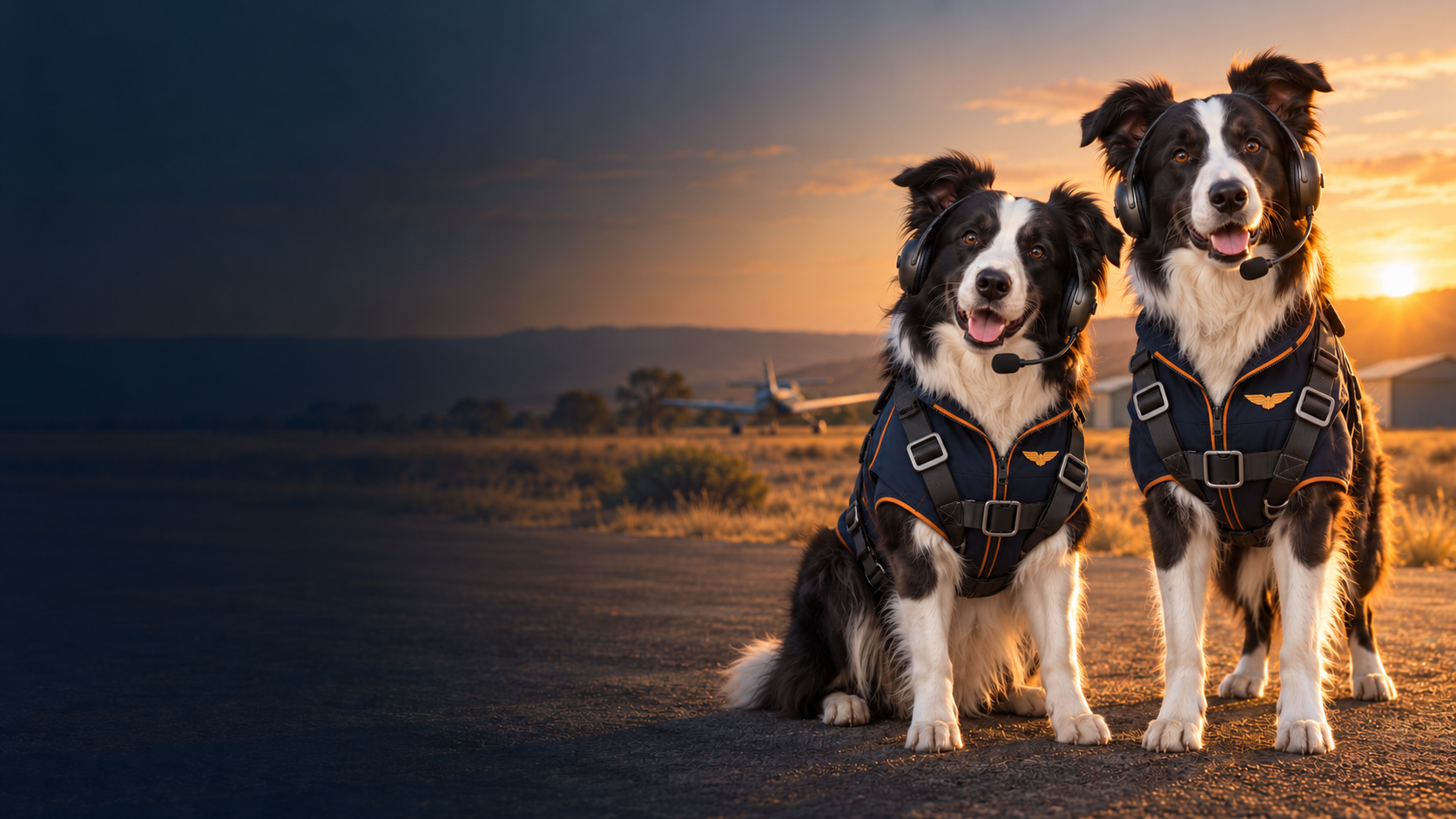 Border Collie mascot artwork in navy flight gear with an aviation headset